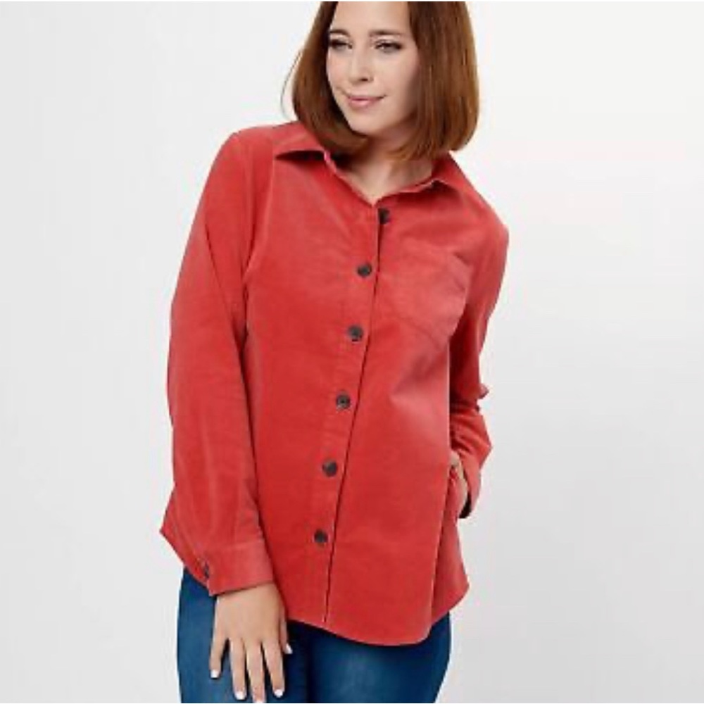 NWT Denim and Company a red Cordaroy button down shirt.